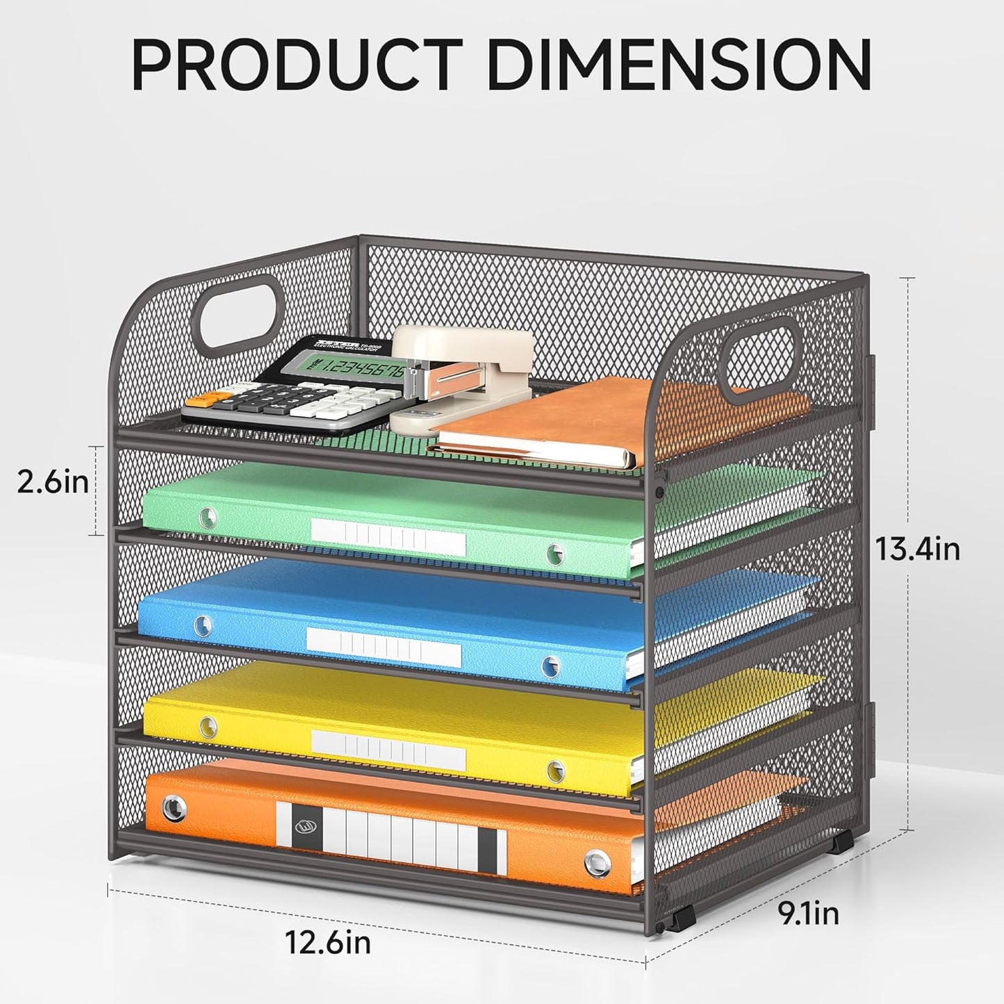 Lavatino 5 Tray Desk File Organizer, Black Mesh Paper Sorter Letter Tray Organizer with Handle, Desktop File Organizer and Storage for Letter/A4 Office File Folder