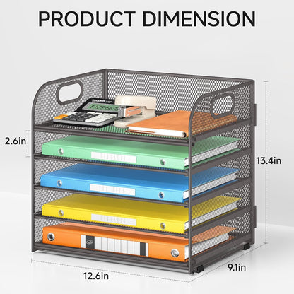 Lavatino 5 Tray Desk File Organizer, Black Mesh Paper Sorter Letter Tray Organizer with Handle, Desktop File Organizer and Storage for Letter/A4 Office File Folder