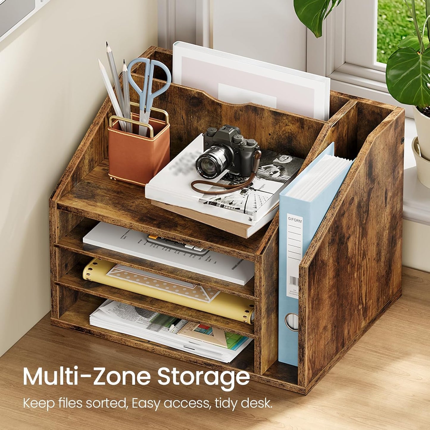 CHOEZON Wooden Desk Organizer with Adjustable Partitions, Multi-Layer Desktop File Holder for Home Office, Paper & Stationery Storage Organizer, Rustic Brown MWJ04FG
