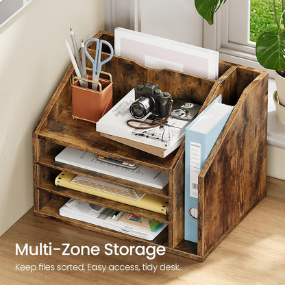 CHOEZON Wooden Desk Organizer with Adjustable Partitions, Multi-Layer Desktop File Holder for Home Office, Paper & Stationery Storage Organizer, Rustic Brown MWJ04FG