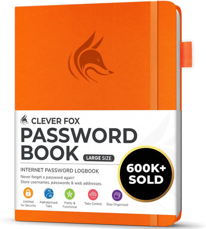 Clever Fox Password Book with alphabetical tabs. Internet Address Organizer Logbook. Small Pocket Password Keeper for Website Logins (Orange)
