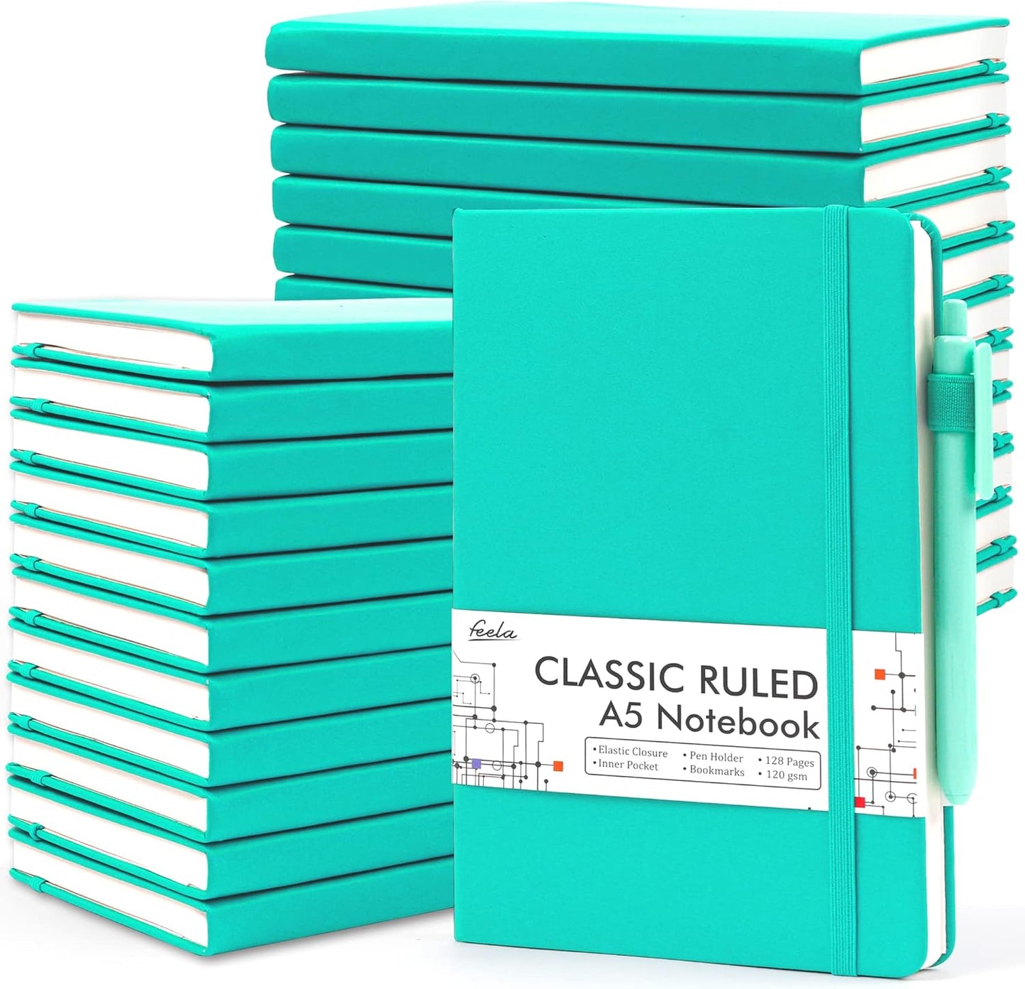 feela College Ruled Notebooks, 24 Pack Business Notebook Hardcover Lined Writing Journal with Pen Holder for Men Women Note Taking, with 24 Black Pens, 120 GSM, 5.1”x8.3”, A5, White