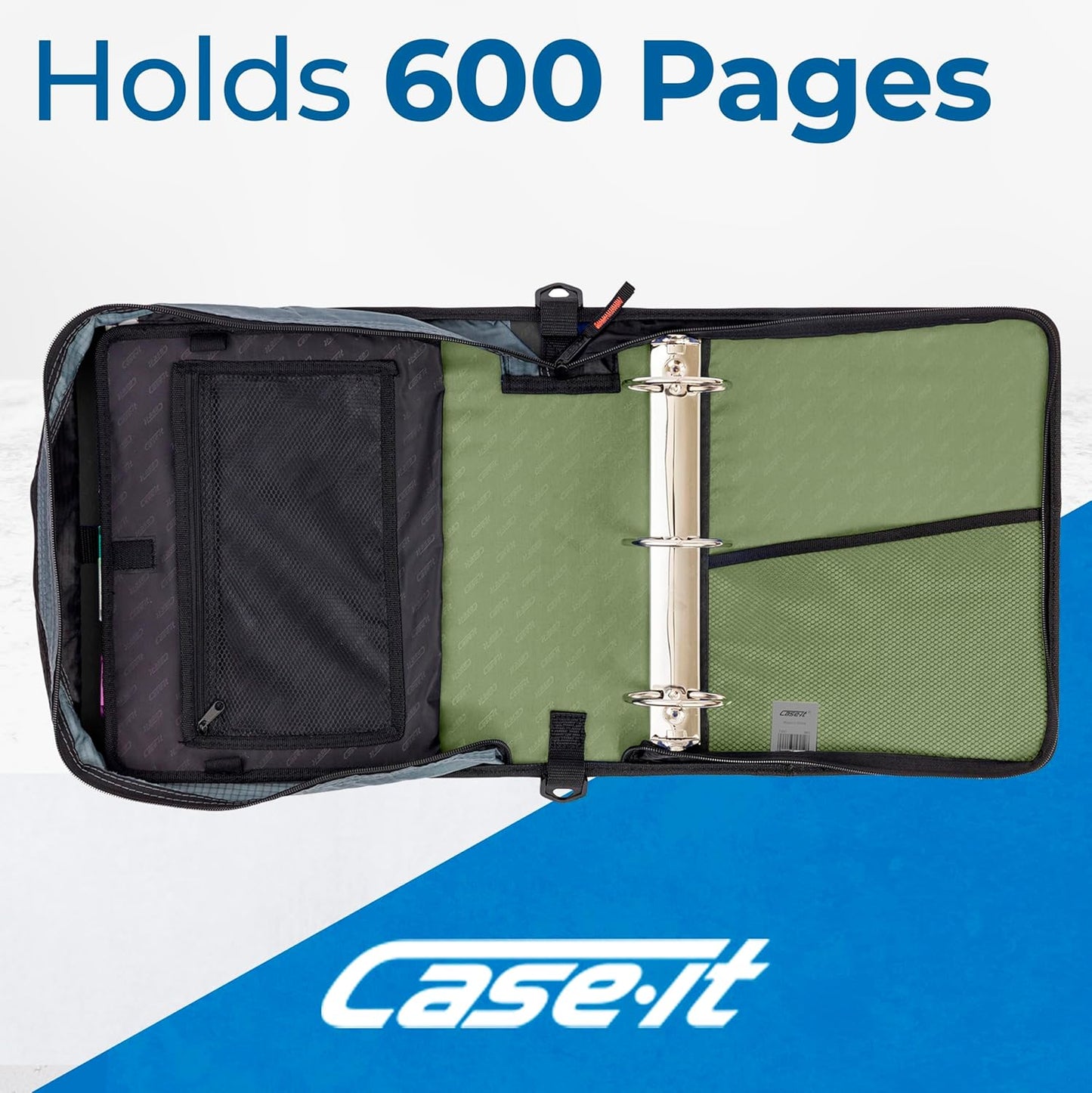 Case-it Mighty Zip Tab School Zipper Binder | 3-Inch O-Rings, 600-Sheet Capacity, 5-Subject Expanding File Folder, Multiple Pockets & Storage Organizer, Shoulder Strap | D-146 Jet Black