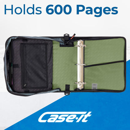 Case-it Mighty Zip Tab School Zipper Binder | 3-Inch O-Rings, 600-Sheet Capacity, 5-Subject Expanding File Folder, Multiple Pockets & Storage Organizer, Shoulder Strap | D-146 Jet Black