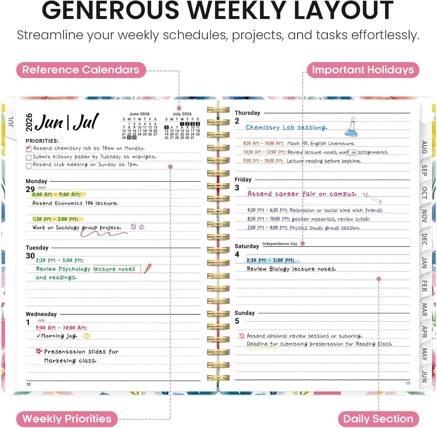 Planner 2026-2027, Academic Year Monthly and Weekly Calendar Planner, Jul 2026 - Jun 2027, Hardcover Teacher Student Planning Agenda book with Tabs, Perfect for School Office Supplies, 6.3" x 8.5" - Wildflowers