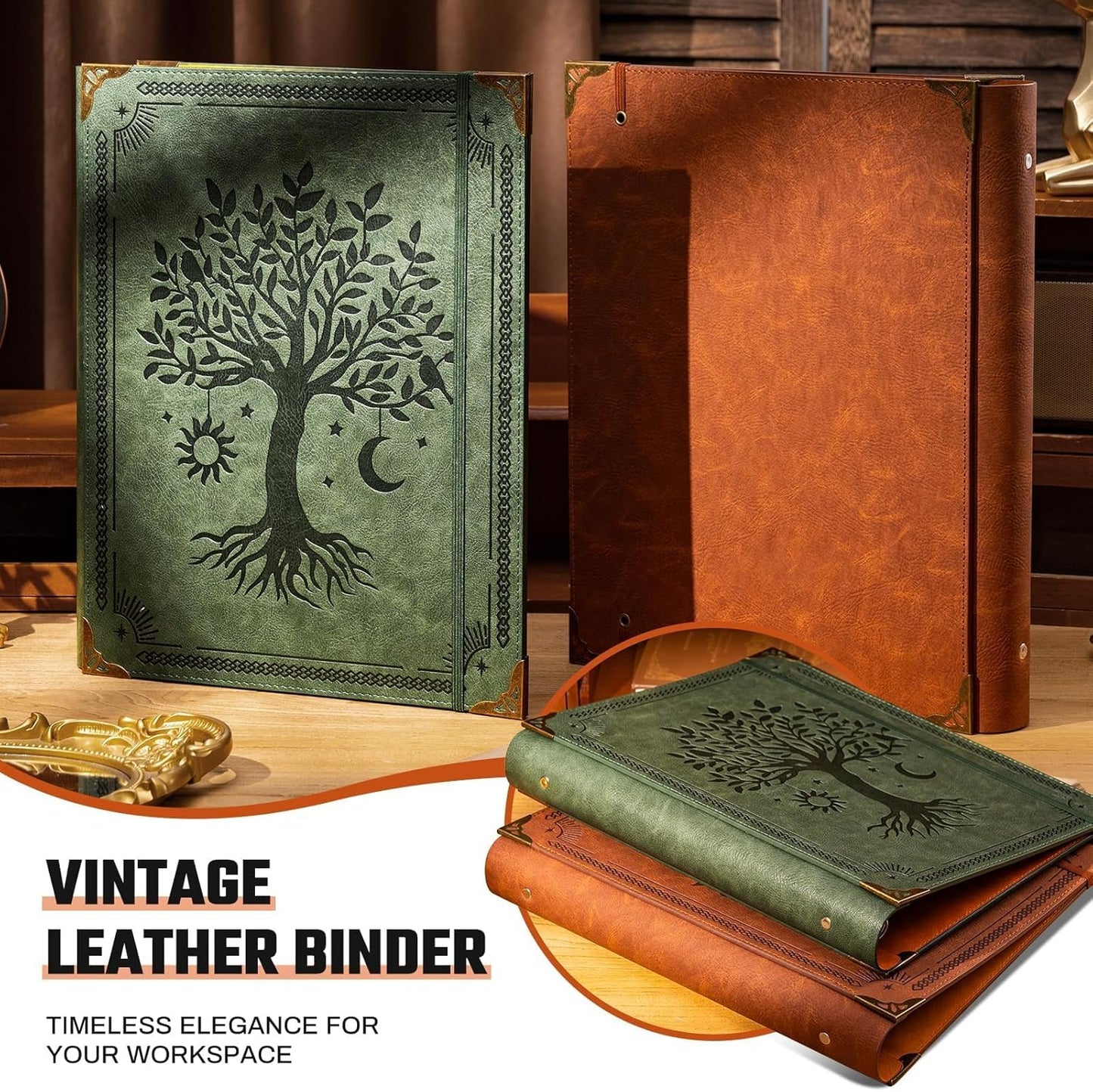 Ovesmusl Leather 3 Ring Binder Fits 8.5"x11" Letter Size Paper, 1 Inch Round Ring Binder Holds 200 Sheets, Notebook Cover Loose Leaf Organizer, Green Tree