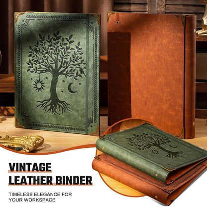 Ovesmusl Leather 3 Ring Binder Fits 8.5"x11" Letter Size Paper, 1 Inch Round Ring Binder Holds 200 Sheets, Notebook Cover Loose Leaf Organizer, Green Tree