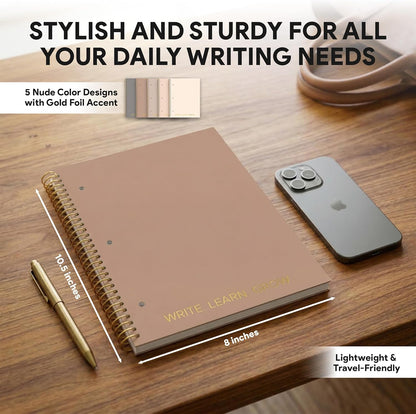 Decorably 5-Pack 140 Pages Gold Foiled Spiral Note Books College Ruled, 8x10.5in Spring Bound, 3-Hole Punched and Easy Tear-Off Perforated Design, Lined Pages - Work, School, Office