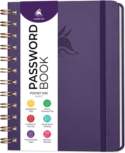Clever Fox Password Book Spiral – Internet Address & Password Organizer with Laminated Alphabetical Tabs – Password Keeper Journal – Hardcover, Medium Size, 6.1x7.7” (Mystic Blue)