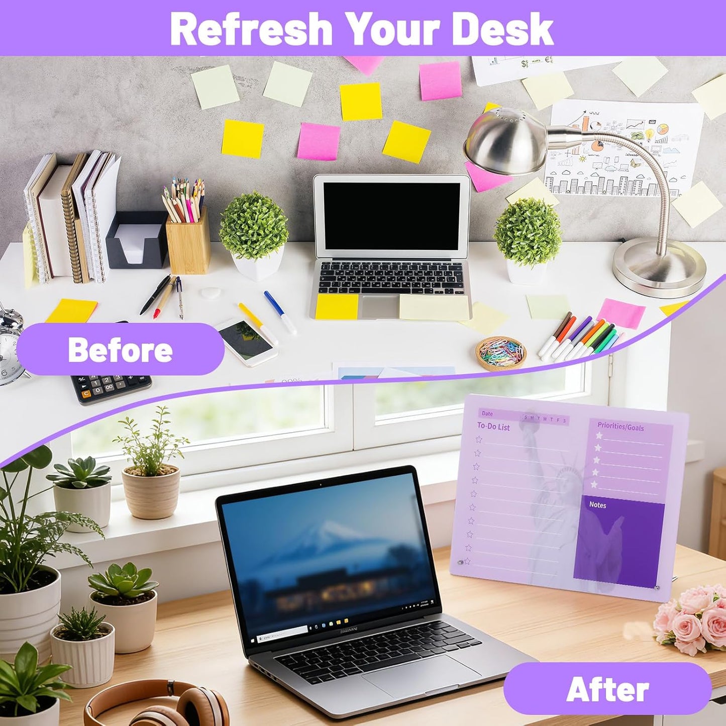 LeMotech Desktop Acrylic Dry Erase Board, 12x10 inches to-Do List Planner, Tabletop Whiteboard with Stand Office Supplies Includes 2 Markers & 1 Eraser, Pink Rose Pattern, 1 Pack