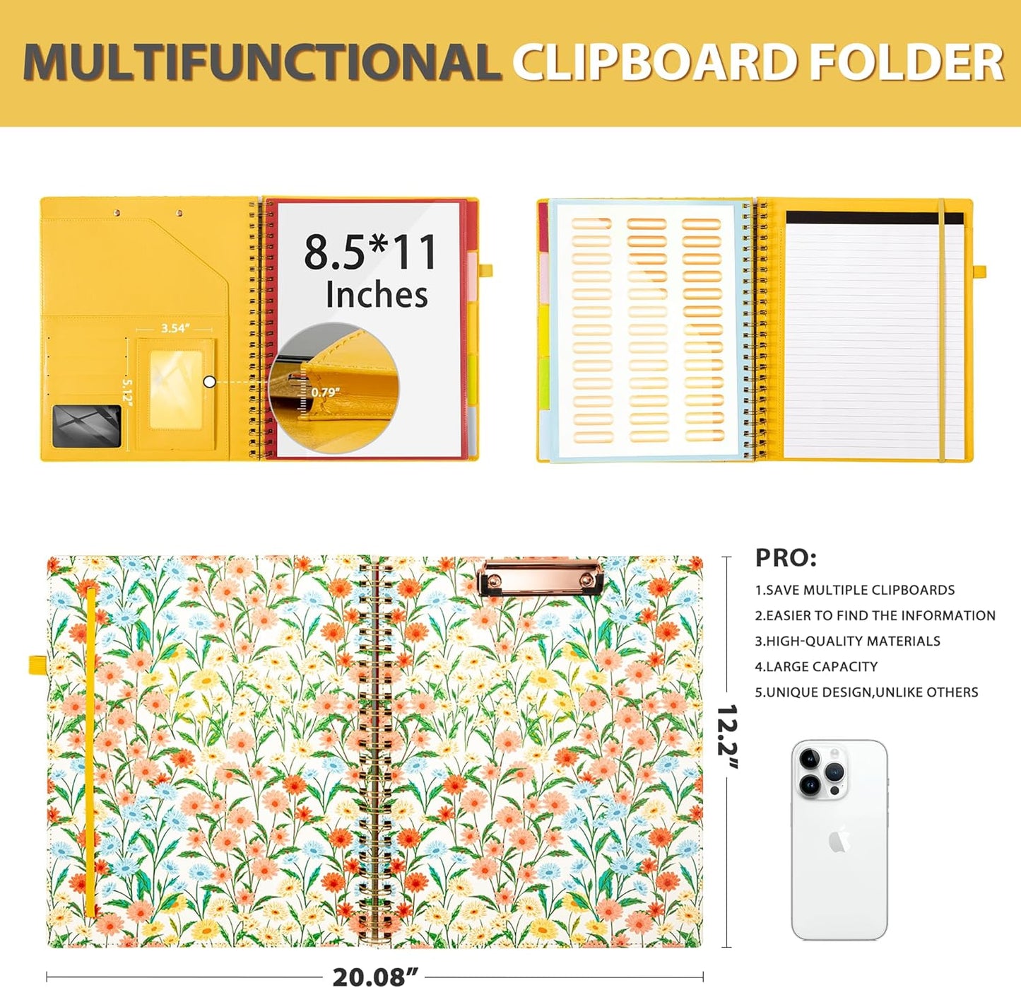 Ospelelf Clipboard with Storage for Women, Leather Padfolio Portfolio Organizer 5 Folders with 10 Pockets, Spiral Clipboard Folio with Notepad for Letter Size, Elastic Closure and Pen Loop Floral