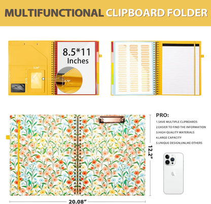 Ospelelf Clipboard with Storage for Women, Leather Padfolio Portfolio Organizer 5 Folders with 10 Pockets, Spiral Clipboard Folio with Notepad for Letter Size, Elastic Closure and Pen Loop Floral