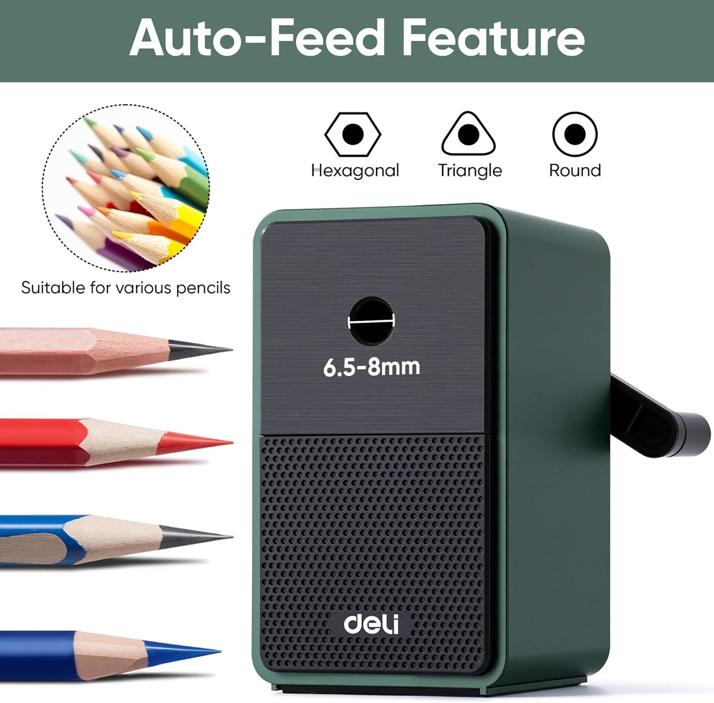 Deli Manual Pencil Sharpener - Auto-in Hand Crank with Adjustable Point for Colored Pencils, Kids, Students, Classroom, Home and Office, Brown