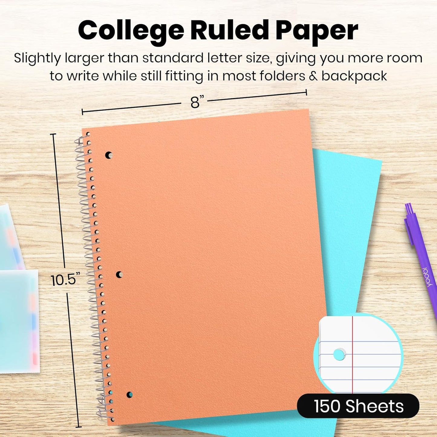 Yoobi College Ruled 8 x 10.5” Spiral Notebook Set – 3-Pack of 1 Subject Notebooks, Pink, Purple & Black Celestial Patterns – 150 Perforated 3-Hole Punched Sheets