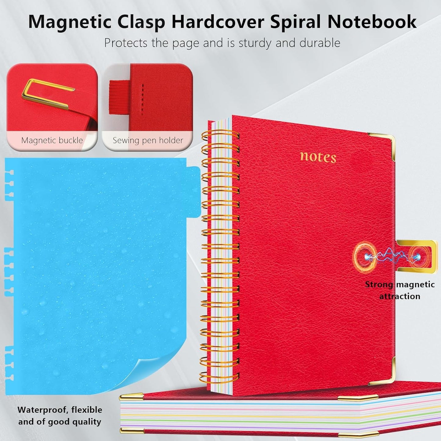 Hardcover Spiral Notebook College Ruled, 8"x10" Leather Journal Notebook with Magnetic Closure, 300 Pages 5 Subject Notebook with Dividers Tabs Journal for Women Men, Work, School(Rose Red)