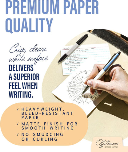 OFFILICIOUS Ruled Index Cards 3x5 — Durable Blank Cards Bulk for Writing Recipes, Notes & Flash Cards for Studying — 100 No Bleed-Through White Double-Sided Notecards 3x5 Lined & Blank