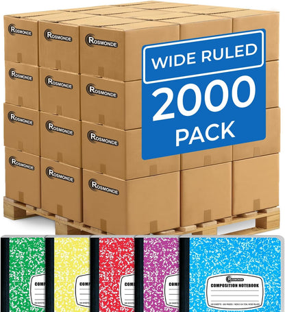 Rosmonde 50 Pack Composition Notebooks Bulk, Wide Ruled Composition Notebook, 200 Pages (100 Sheets), 9-3/4 x 7-1/2, Black Marble, Bulk School Supplies, Office Notebooks, Bulk Notebooks for School