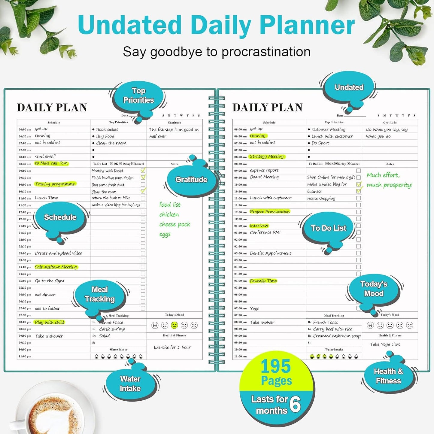 Daily Planner Undated, Asten To Do List Notebook Hourly Schedules Spiral Appointment Planner for Men and Women,PVC Hardcover,Elastic Closure, Inner Pocket 8.3" x 5.8" (Black)