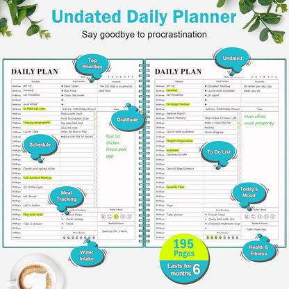 Daily Planner Undated, Asten To Do List Notebook Hourly Schedules Spiral Appointment Planner for Men and Women,PVC Hardcover,Elastic Closure, Inner Pocket 8.3" x 5.8" (Black)