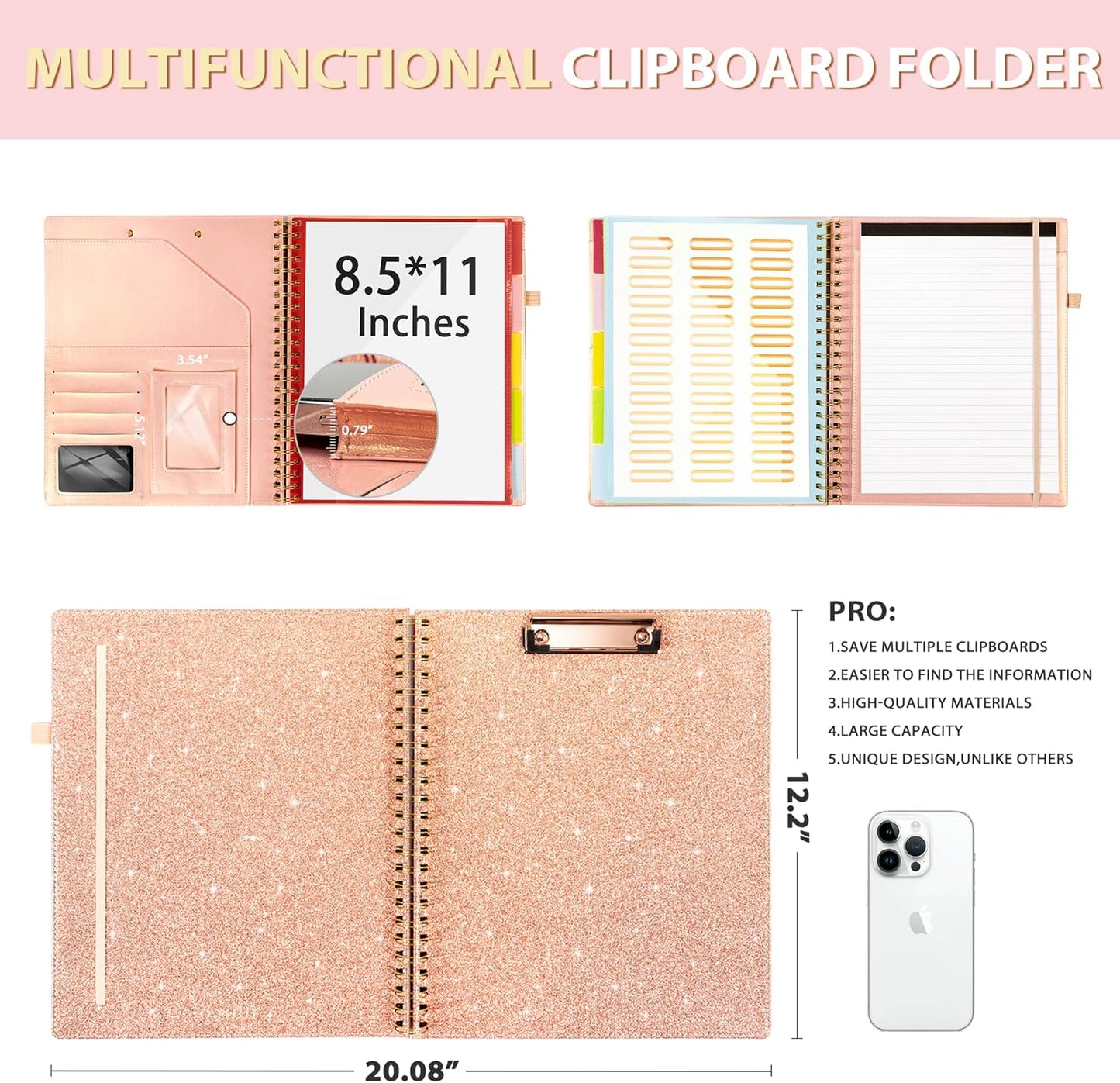 Ospelelf Clipboard with Storage for Women, Leather Padfolio Portfolio Organizer 5 Folders with 10 Pockets, Spiral Clipboard Folio with Notepad for Letter Size, Elastic Closure and Pen Loop Floral