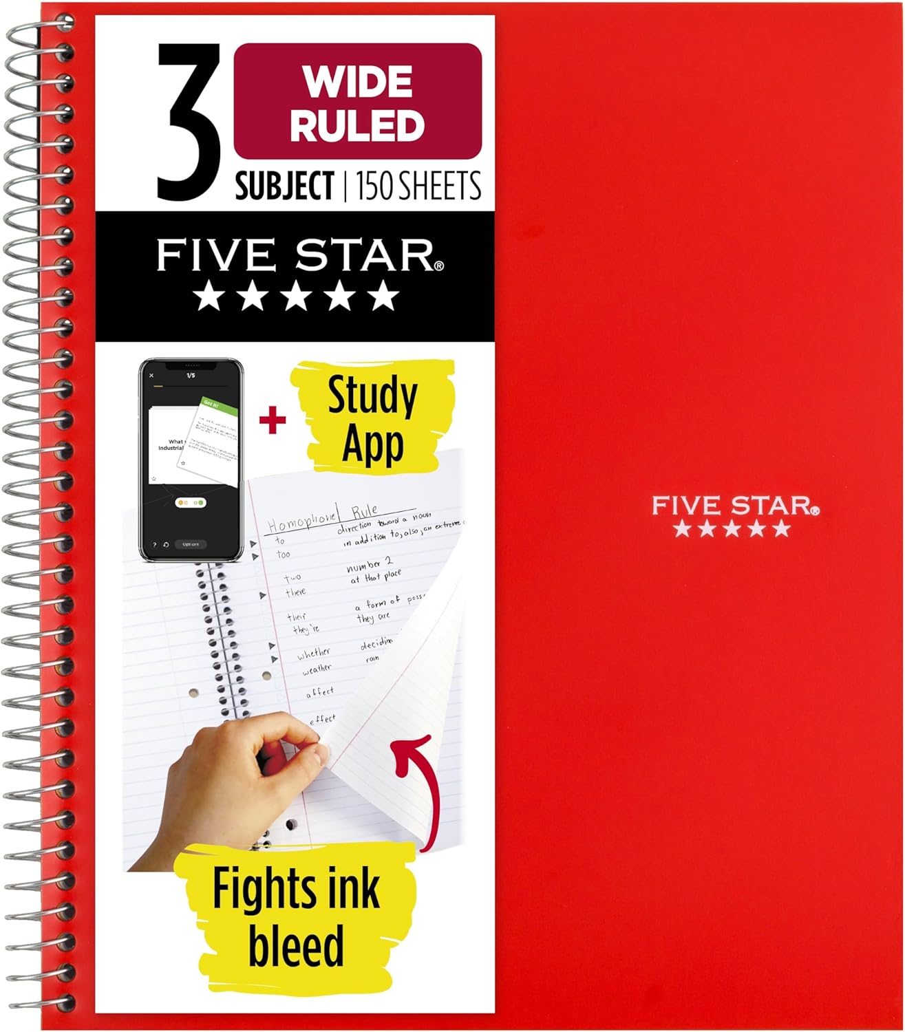 Five Star Spiral Notebook + Study App, 3 Subject, Wide Ruled Paper, 8" x 10-1/2", 150 Sheets, Fights Ink Bleed, Water Resistant Cover, Harvest Yellow (73463)