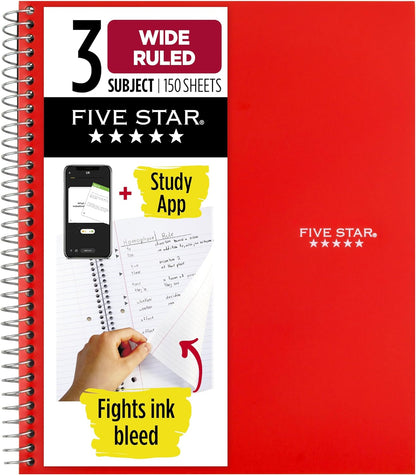 Five Star Spiral Notebook + Study App, 3 Subject, Wide Ruled Paper, 8" x 10-1/2", 150 Sheets, Fights Ink Bleed, Water Resistant Cover, Harvest Yellow (73463)