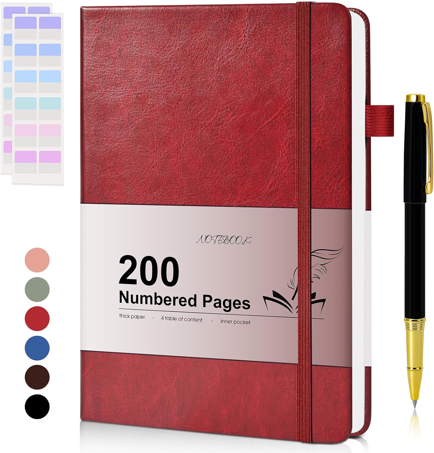 Lined Journal Notebook for Men Women, 200 Numbered Pages Leather Hardcover Journal with Pen, A5 Journaling Notebooks, Thick Paper College Ruled Journals for Writing Work Business 5.75'' X 8.38'' Black
