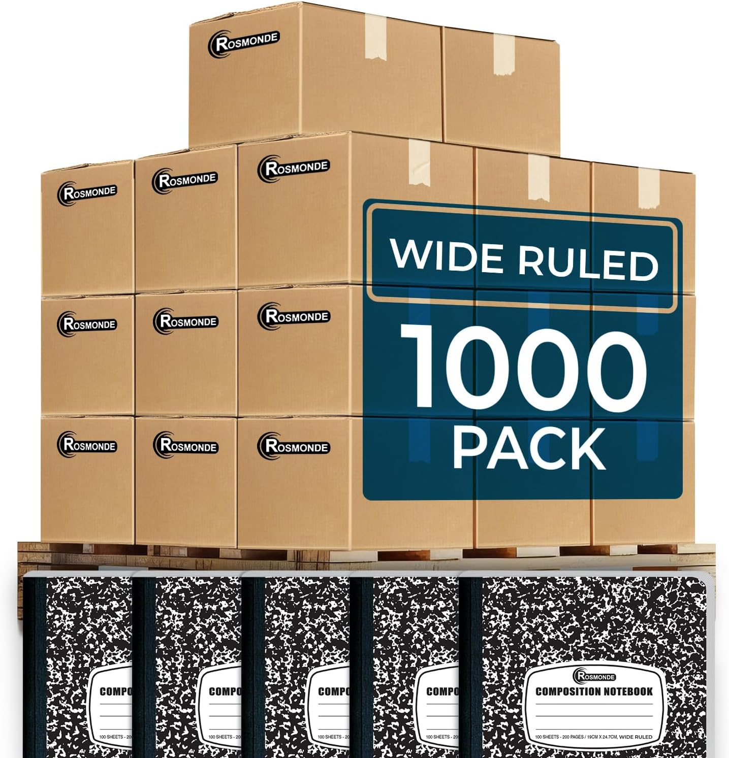 Rosmonde 12 Pack Composition Notebook Wide Ruled Bulk, 200 Pages (100 Sheets), 9-3/4 x 7-1/2", Hard Cover Wide Ruled Notebook Bulk, Black Marble Composition Notebooks, Bulk School Notebooks