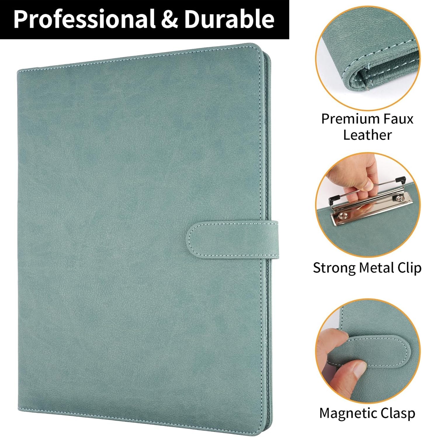 Professional Padfolio with Clipboard, Faux Leather Portfolio Folder Binder, Legal Pad Holder for A4 Letter Size Notepad, Resume, Writing Pad, Ideal Organizer for Business Office Conference, Black