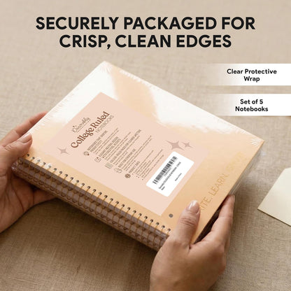 Decorably 5-Pack 140 Pages Gold Foiled Spiral Note Books College Ruled, 8x10.5in Spring Bound, 3-Hole Punched and Easy Tear-Off Perforated Design, Lined Pages - Work, School, Office