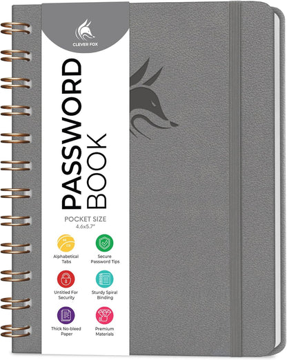 Clever Fox Password Book Spiral – Internet Address & Password Organizer with Laminated Alphabetical Tabs – Password Keeper Journal – Hardcover, Medium Size, 6.1x7.7” (Mystic Blue)
