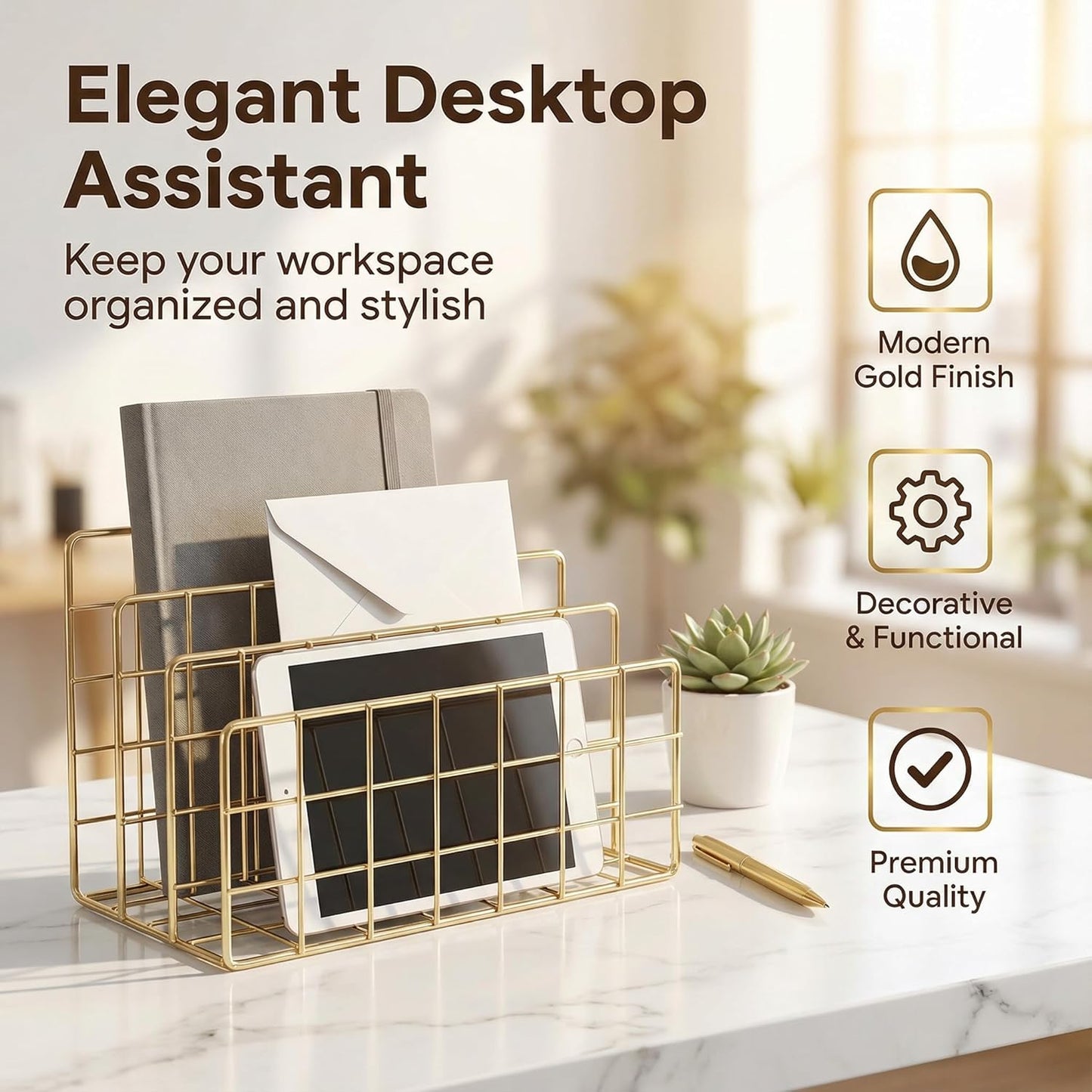 Simmer Stone Gold Letter Sorter Organizer for Desk, Premium Plated Metal Mail Holder with 3 Upright Slots, Ultra-Stable & Non-Wobbling Desktop Organizer for Envelopes, Documents, Palettes 9.5“ x 4.7 ”