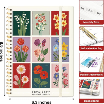 Planner 2026-2027, Academic Year Monthly and Weekly Calendar Planner, Jul 2026 - Jun 2027, Hardcover Teacher Student Planning Agenda book with Tabs, Perfect for School Office Supplies, 6.3" x 8.5" - Wildflowers