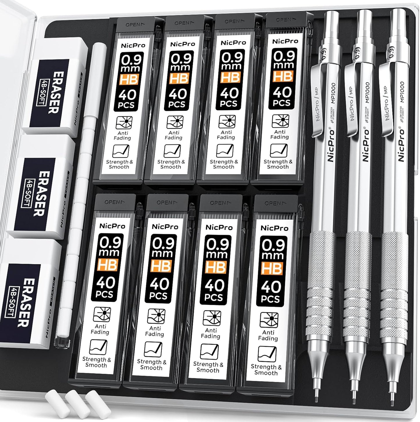 Nicpro 0.5 mm Mechanical Pencils Set with Case, 3 Metal Artist Pencil With 480PCS HB Lead Refills, 3 Erasers,9 Eraser Refills For Architect Art Writing Drafting, Drawing, Engineering, Sketching, Black