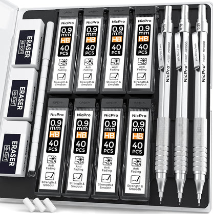 Nicpro 0.5 mm Mechanical Pencils Set with Case, 3 Metal Artist Pencil With 480PCS HB Lead Refills, 3 Erasers,9 Eraser Refills For Architect Art Writing Drafting, Drawing, Engineering, Sketching, Black