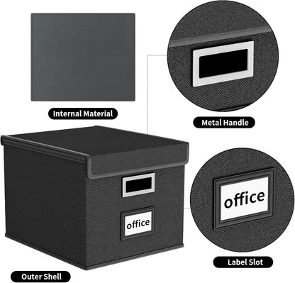 Huolewa Upgraded Portable File Organizer Box with Lid, Collapsible Linen Hanging Filing Storage Boxes with Plastic Slides, Decorative Home/Office Filing System Box for File and Folders Storage (Gray)