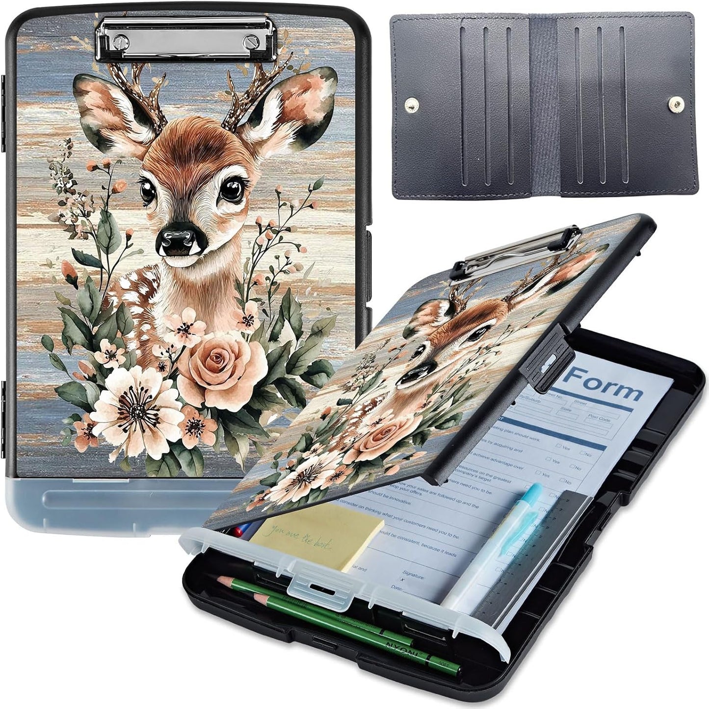 Clipboard with Storage, Heavy-Duty Side-Opening Folder with Pen Holder, Durable Plastic Nursing Clipboard for Nurses, Teachers, and Sales, Cow Prints 02