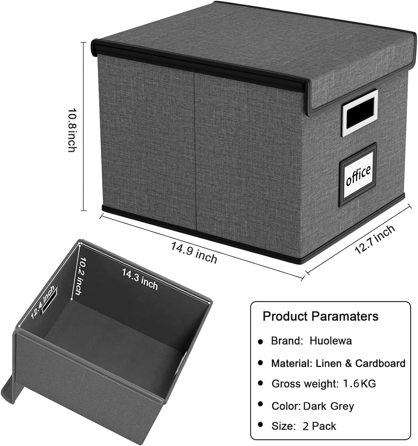 Huolewa Upgraded Portable File Organizer Box with Lid, Collapsible Linen Hanging Filing Storage Boxes with Plastic Slides, Decorative Home/Office Filing System Box for File and Folders Storage (Gray)