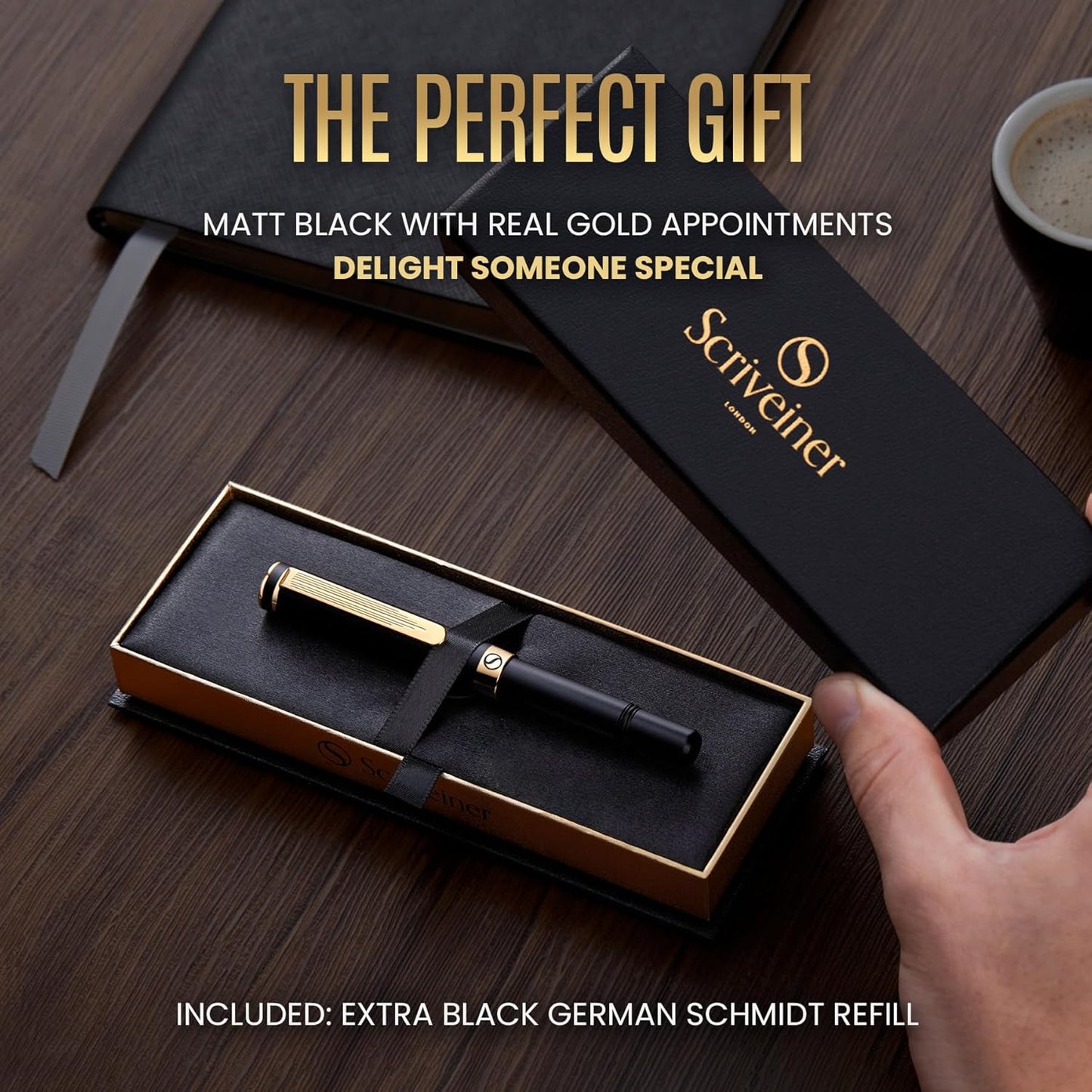 Scriveiner Black Rollerball EDC Luxury Pen, Stunning Pocket Pen with Chrome Finish, Cool Writing, Best Gift for Men & Women, German Schmidt Refill, Nice Present, Fancy Office Designer Set