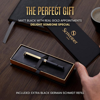 Scriveiner Black Rollerball EDC Luxury Pen, Stunning Pocket Pen with Chrome Finish, Cool Writing, Best Gift for Men & Women, German Schmidt Refill, Nice Present, Fancy Office Designer Set