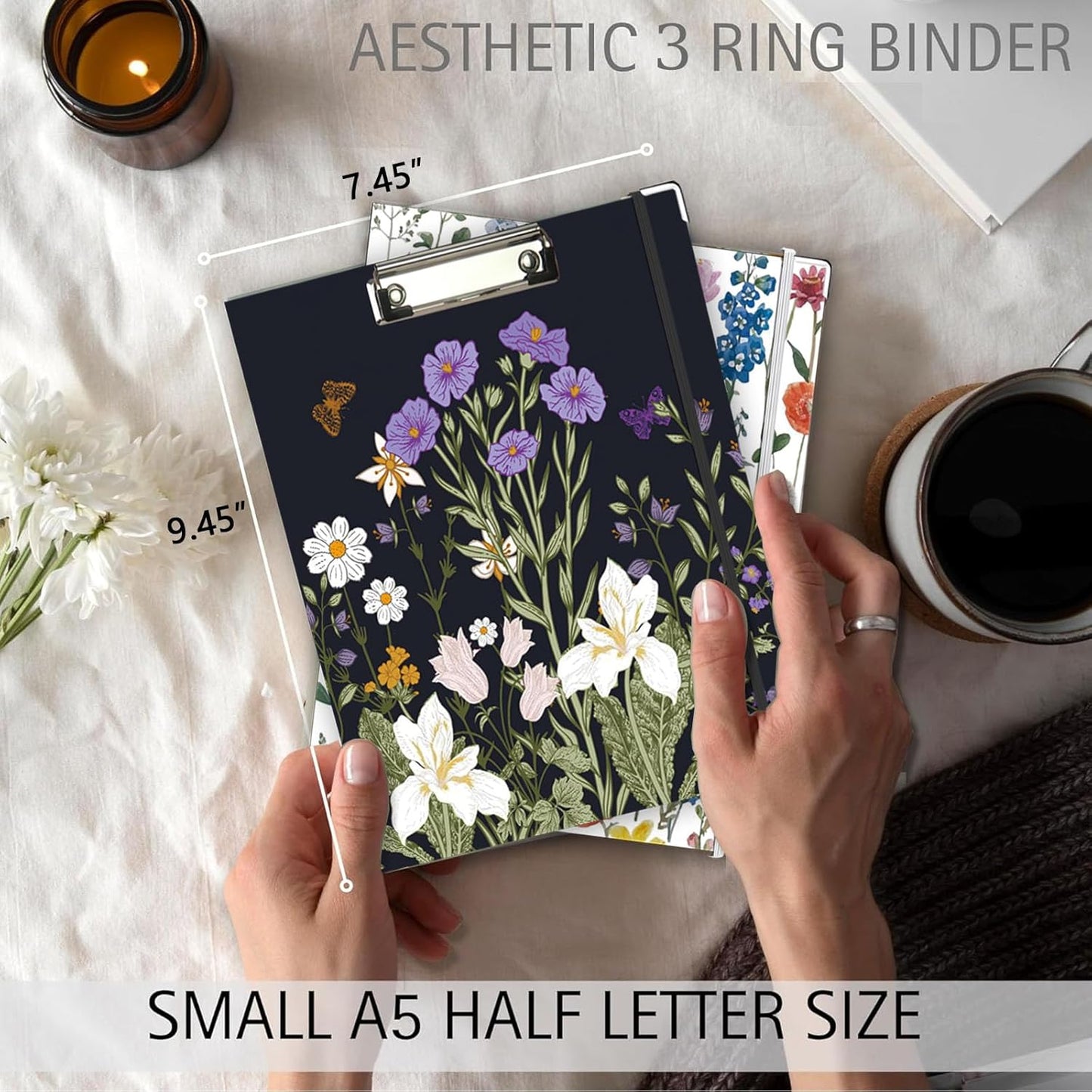 3 Ring Binder 1 Inch, Three Ring Binders Organizer with Clipboard, 5-Tabs Pockets Dividers, Plastic Folder, 18 Divider Stikers, BVSSX Pretty Binder with Pen Loop (Black Weeds, Letter Size)