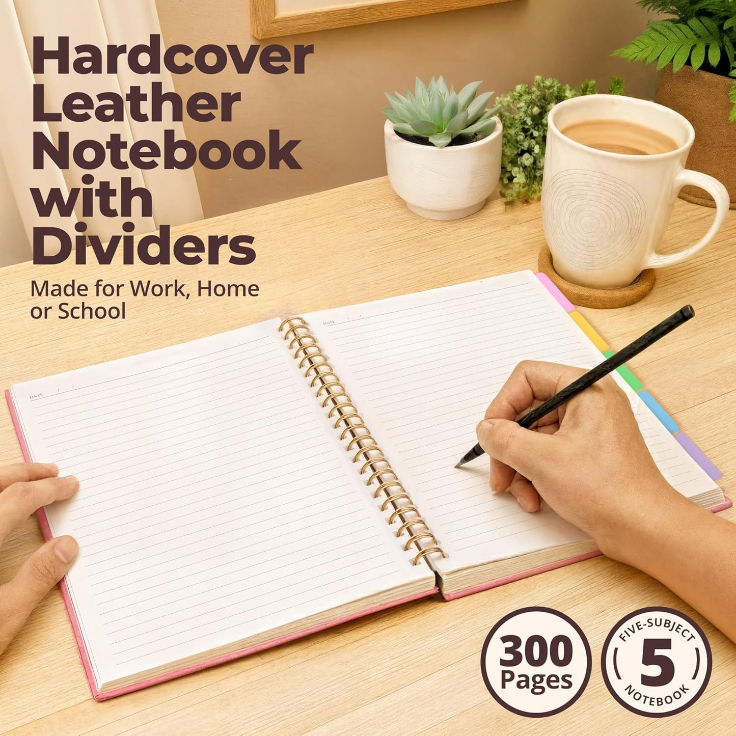Hardcover Leather Lined Spiral Notebook 8x10" with Removable Dividers - Black - 300 Pages 5 Subject College Ruled Notebook for Work with Tabs, Pockets, and Pen Loop for Note Taking, Large Journal