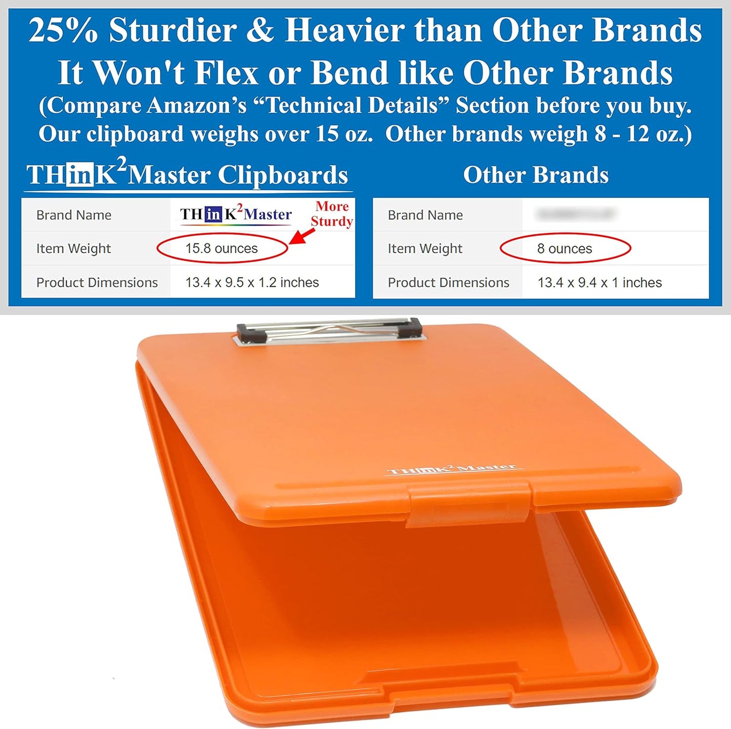 Think2Master Black Plastic Storage Clipboard. | 25% Heavier & 25% Sturdier| Heavy Duty and Won’t Flex or Bend Like Other Brands (Compare The Weight). Storage Compartment Holds 150 Letter Sized Paper.
