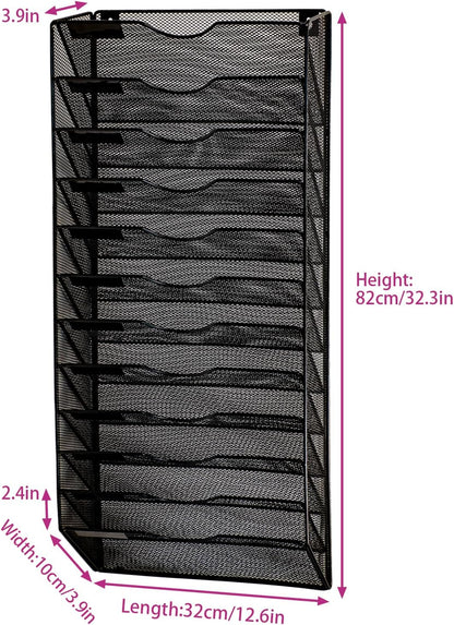 1 Pocket Mesh Wall File Holder Organizer Office Hanging File Folder Magazine Rack, Nametag Label Hooks Set Included (Black)