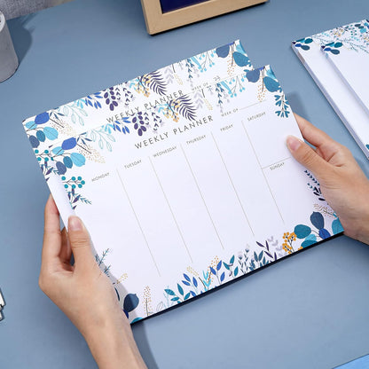 Weekly Planner Notepad Tear Off Set of 2 Weekly Calendar Pad 52 Undated To Do List Notepad Sheets Desk Planner Planning Pads Productivity Tracker for Work Goals Notes Schedule Ideas, Floral Blue