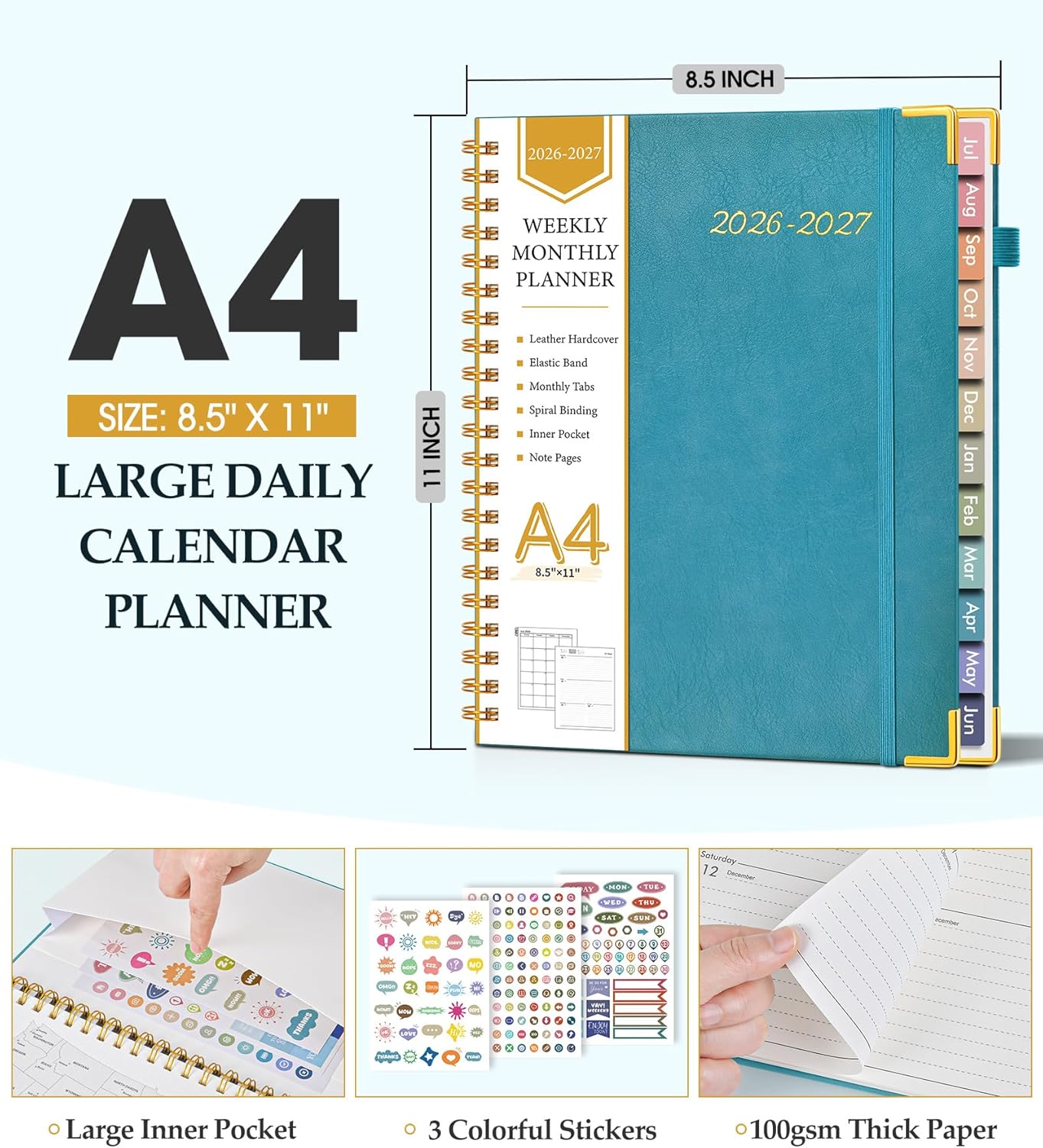 2026 Planner, Weekly and Monthly Calendar Planner from January 2026 - December 2026, 8.5" x 11" Hardcover Leather Hourly Appointment Book with Tabs, Spiral Daily Planners for School Work Home, Green