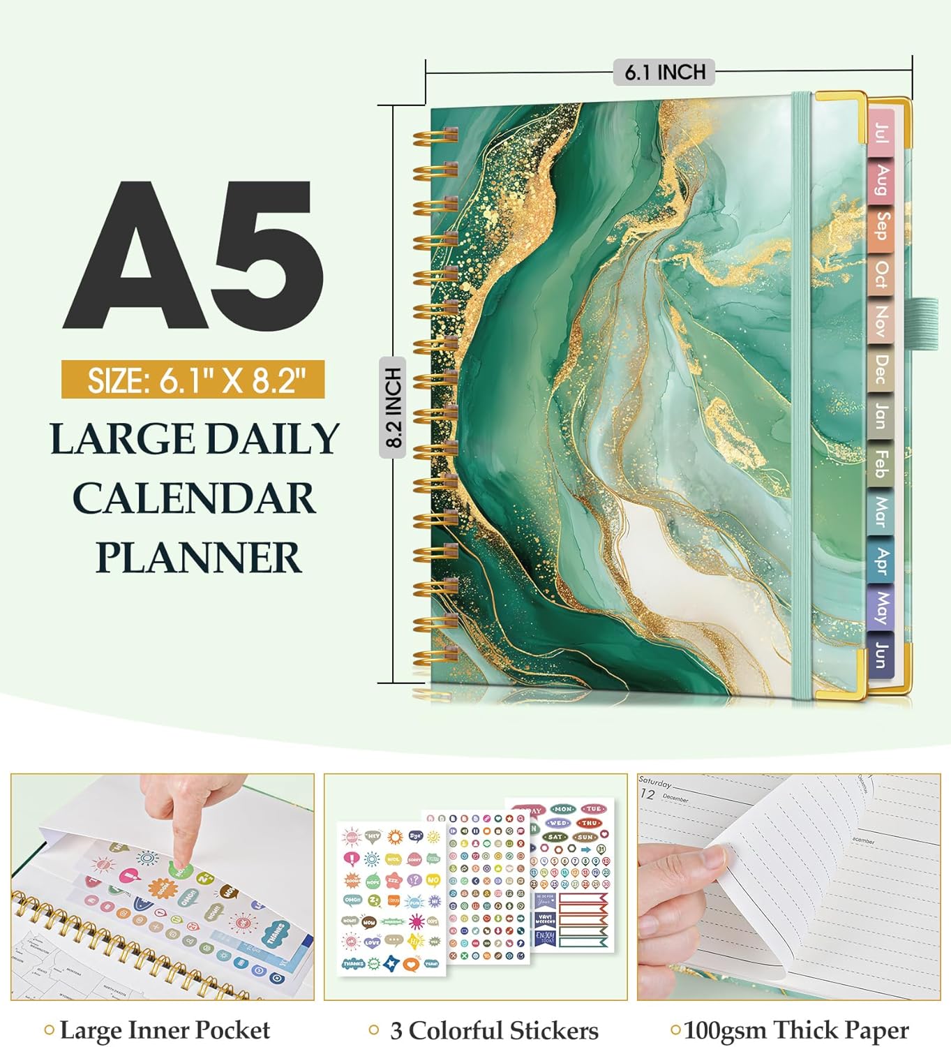 2026 Planner, Weekly and Monthly Calendar Planner from January 2026 - December 2026, 8.5" x 11" Hardcover Leather Hourly Appointment Book with Tabs, Spiral Daily Planners for School Work Home, Green