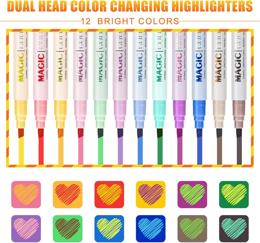 miikoul 24 Colors Dual Tip Highlighters Glitter Color Changing Highlighter Markers for Kids, Chisel and Bullet Tips Quick Dry Highlighter Pens for Bible Study, Adult Coloring, Easter Painting