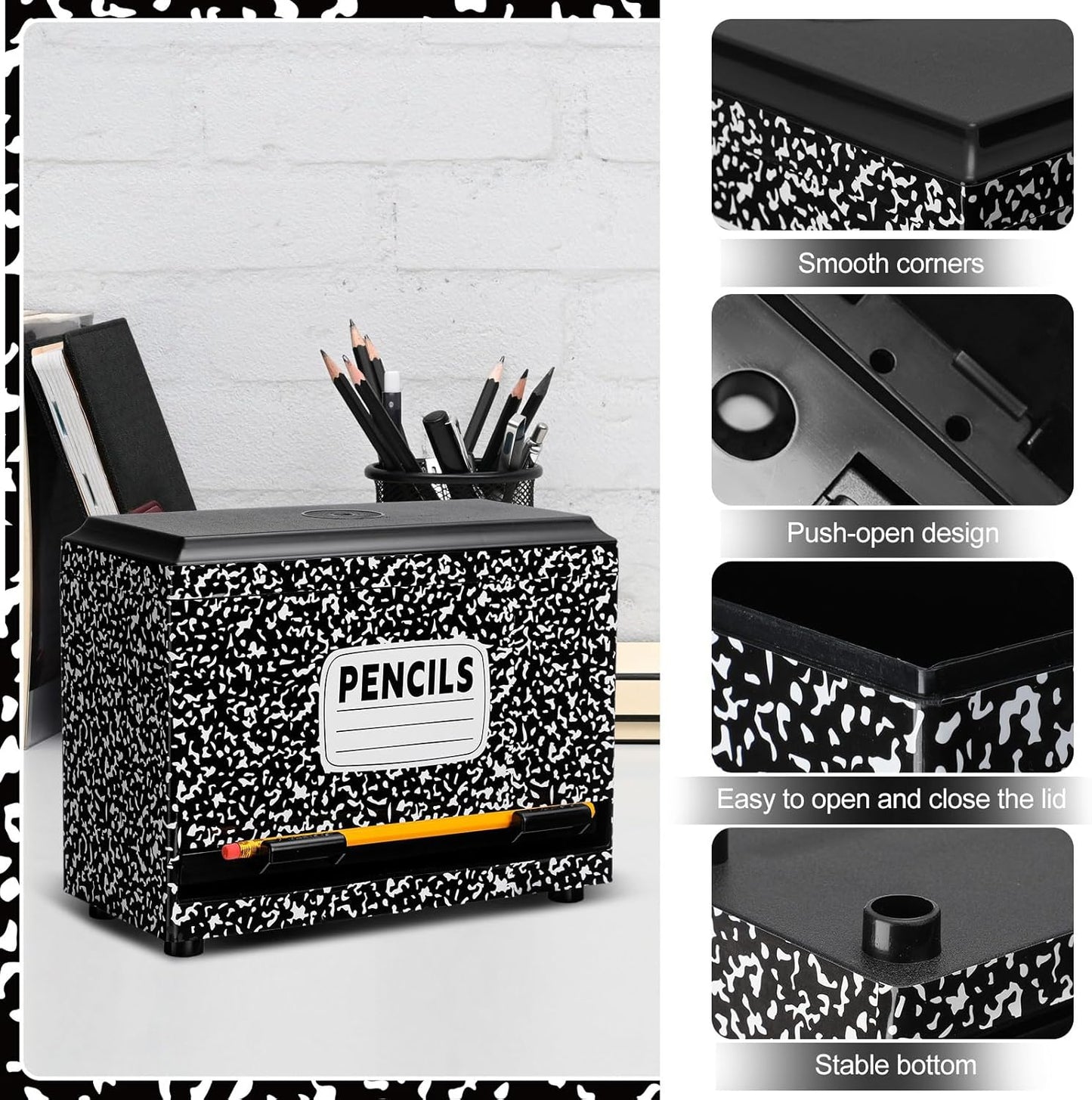 Briwooody Composition Pencil Dispenser for Classroom Back to School Teacher Must Have Black White Composition Notebook Classroom Decor Pencil Dispenser with Lid Teacher Gift for Pre K to Middle School