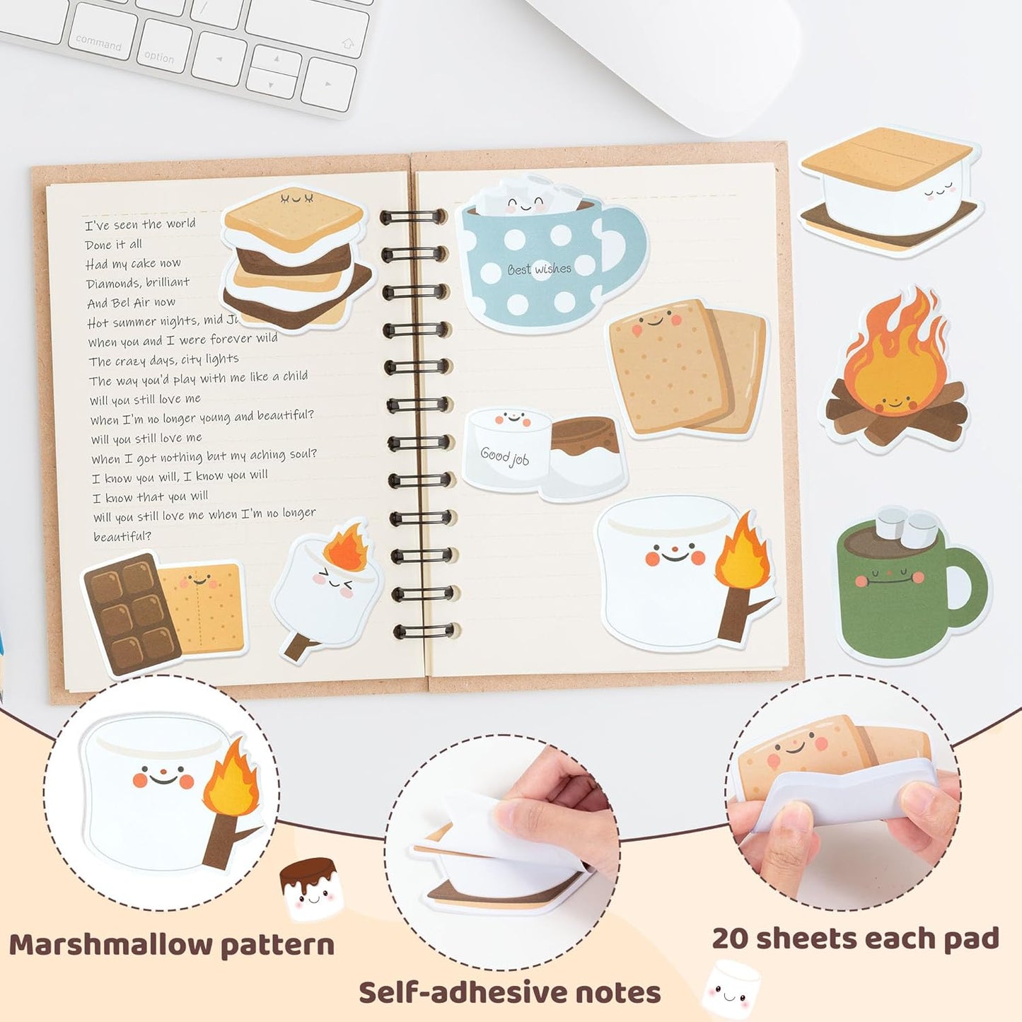 CJiangpo 30Pcs Marshmallow Sticky Notes Pads, 600 Sheets Cute Self Stick Notepad Memo Pads Funny Cartoon Page Marker Classroom Rewards Camping Themed Gift